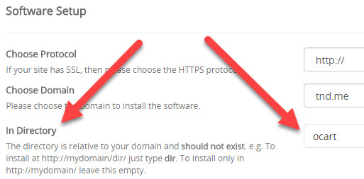 4, Ở phần In Directory bạn để trống nếu muốn cài đặt OpenCart trên tên miền gốc. 