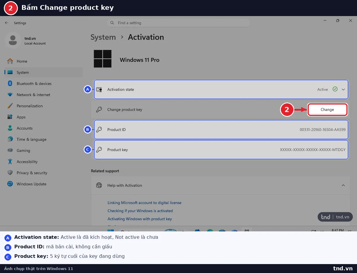 Trang Activation với nút Change bên cạnh dòng Change product key