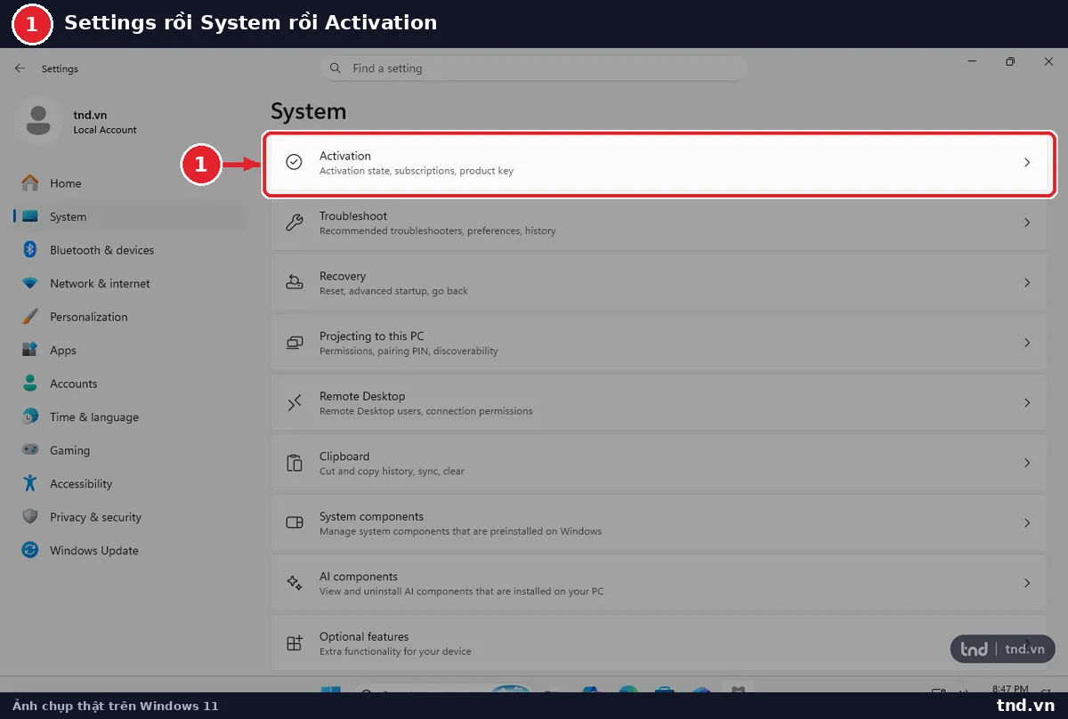 Trang Settings System với mục Activation trong danh sách bên phải