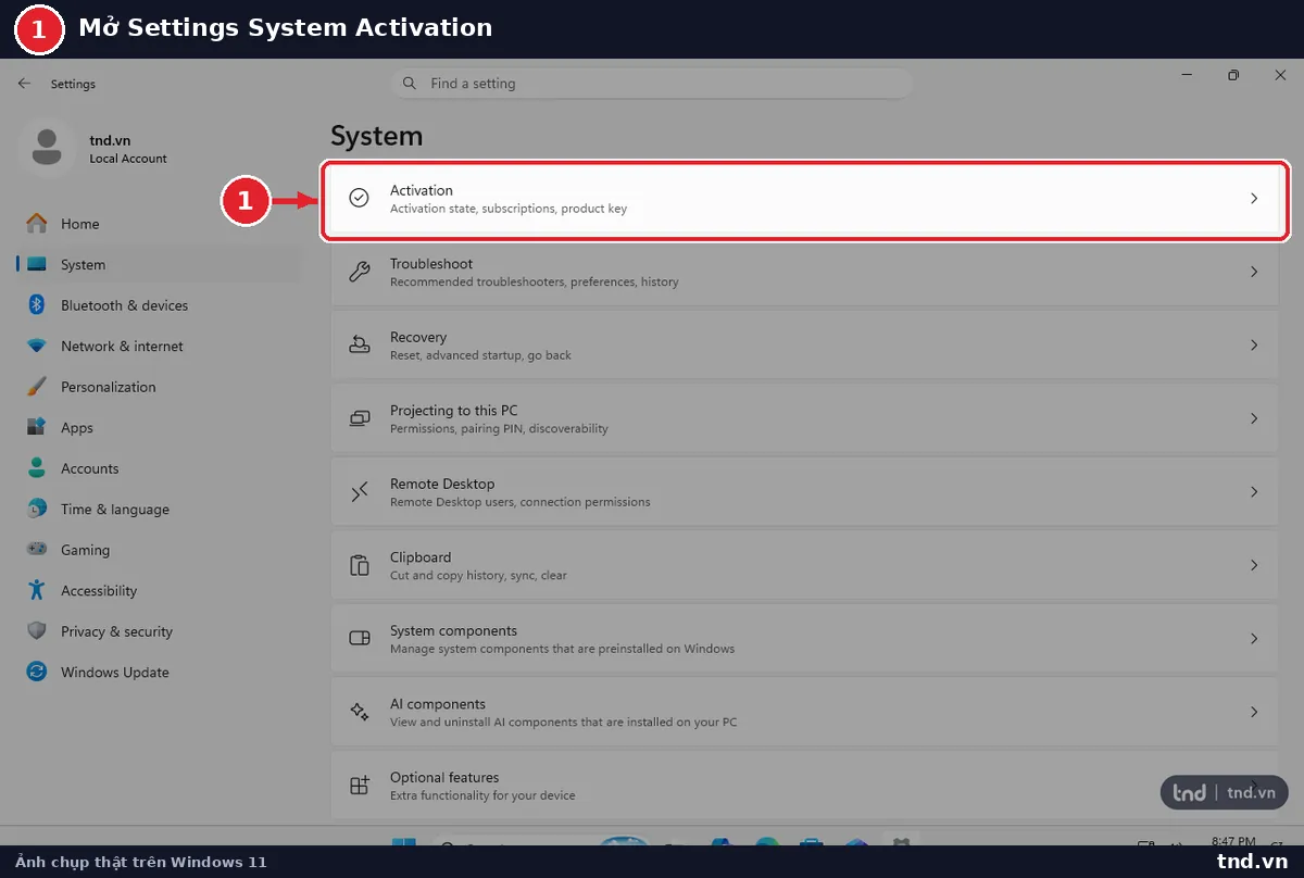 Trang Settings System với mục Activation trong danh sách bên phải