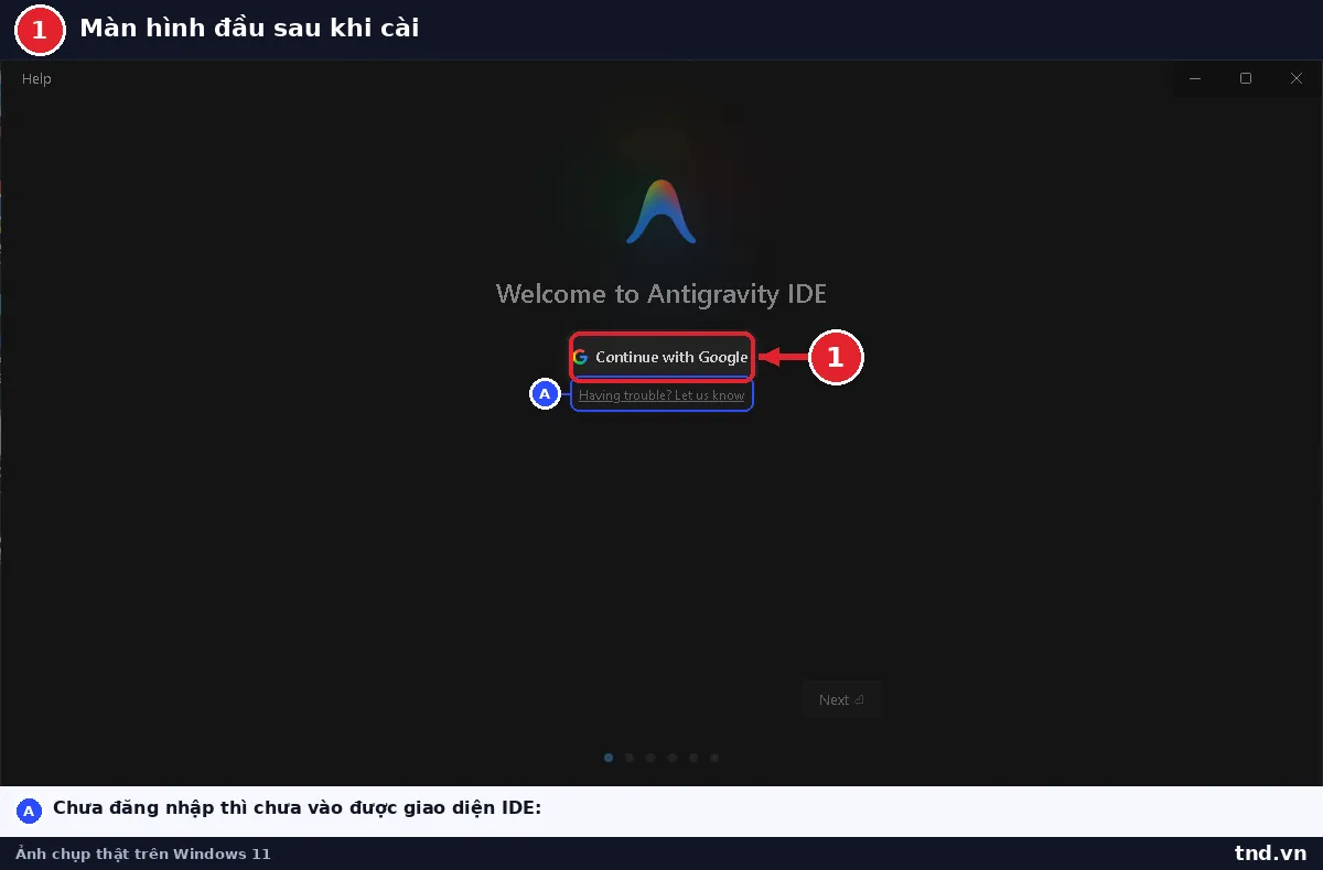 Màn hình Welcome to Antigravity IDE với nút Continue with Google