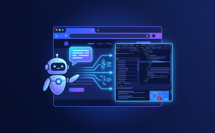 AI robot controls Chrome browser with DevTools panel showing network and console - illustration about MCP protocol