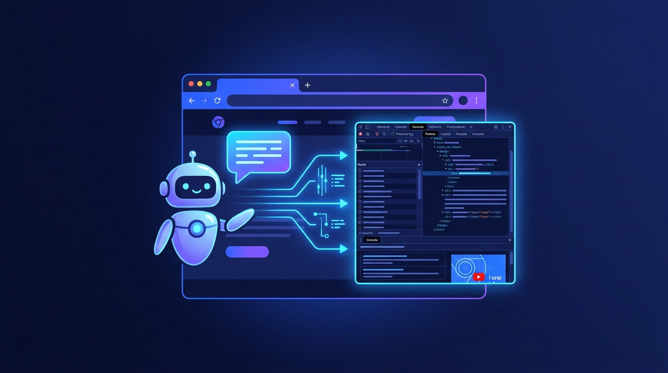 AI robot controls Chrome browser with DevTools panel showing network and console - illustration about MCP protocol