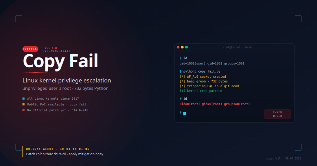Cảnh báo Copy Fail (CVE-2026-31431): Lỗ hổng kernel Linux nghiêm trọng dịp nghỉ lễ 30/4 - 1/5