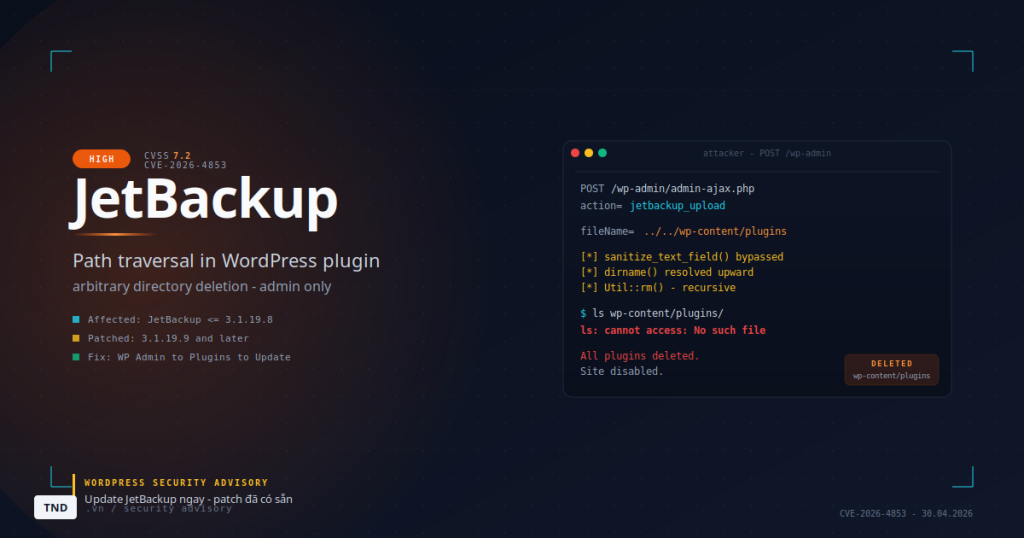 Cảnh báo CVE-2026-4853: Lỗ hổng JetBackup WordPress Plugin Path Traversal dịp nghỉ lễ 30/4