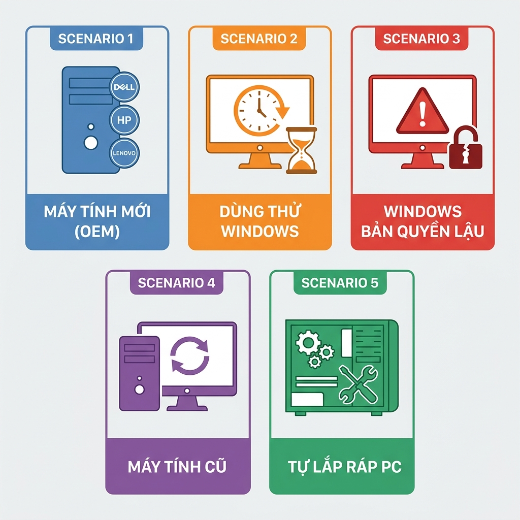 So sánh 5 trường hợp trạng thái Windows trước khi cài key OEM