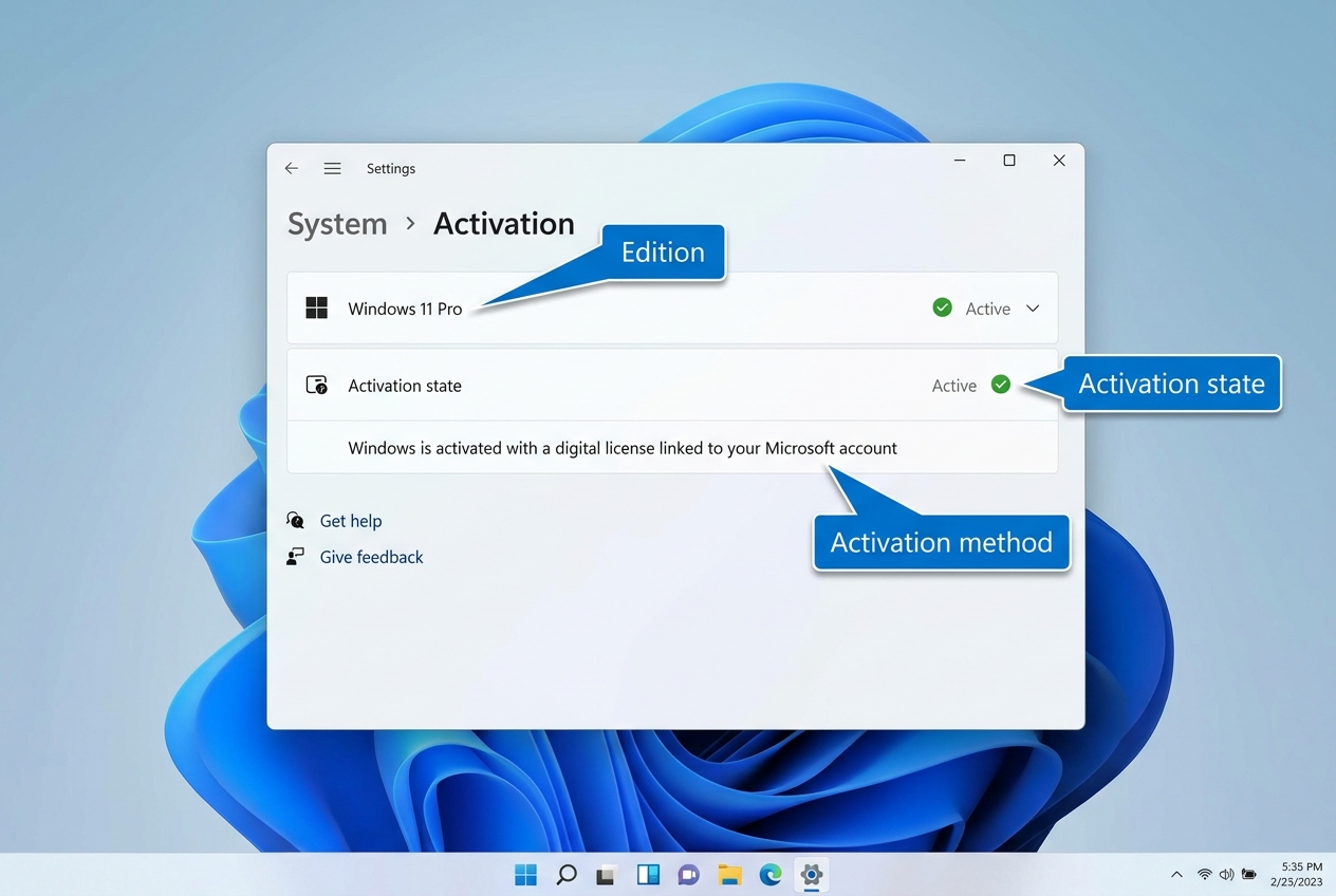 Màn hình Settings Activation Windows 11