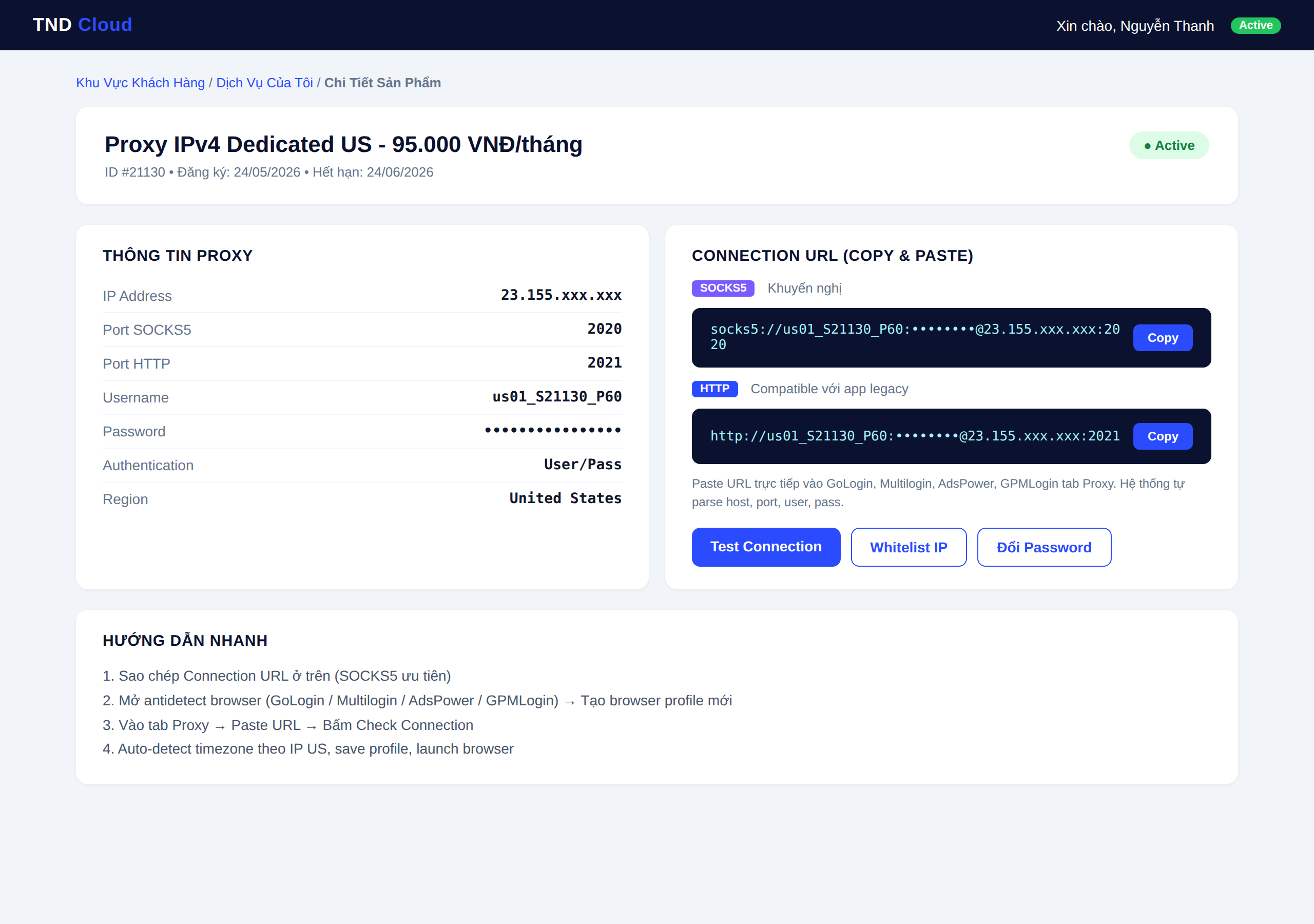 Dashboard TND Cloud hiển thị Connection URL SOCKS5 và HTTP của proxy IPv4 dedicated - thông tin demo đã censor