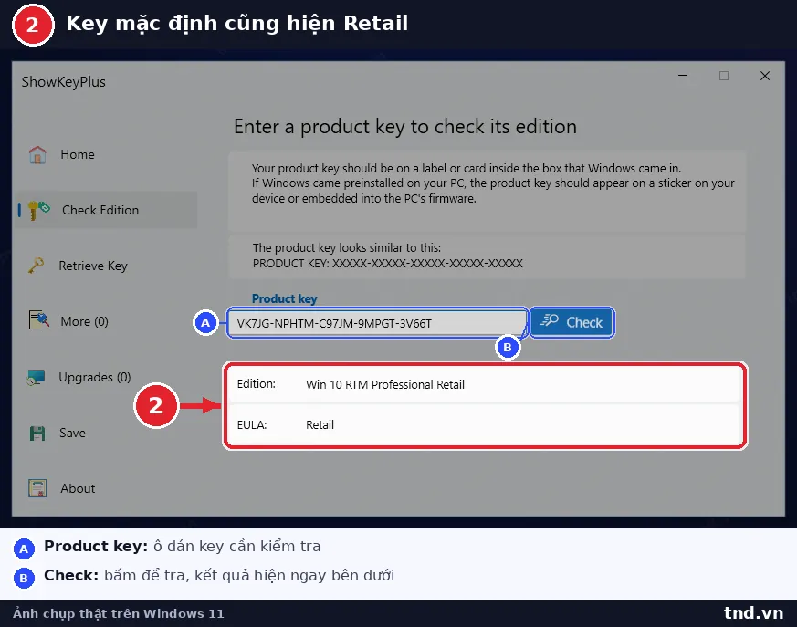 Tab Check Edition của ShowKeyPlus hiện Edition và kênh của key vừa dán