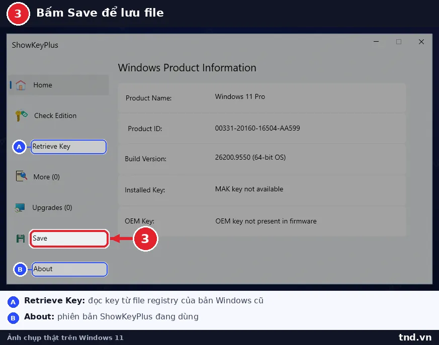 Nút Save trong ShowKeyPlus để xuất thông tin key ra file văn bản