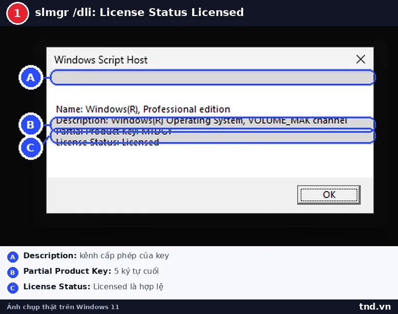 Kết quả lệnh slmgr /dli hiện License Status và kênh key
