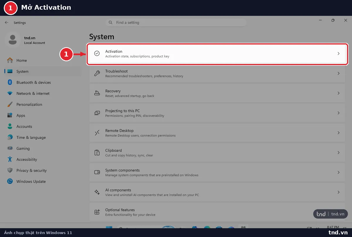 Mục Activation trong System Settings Windows 11