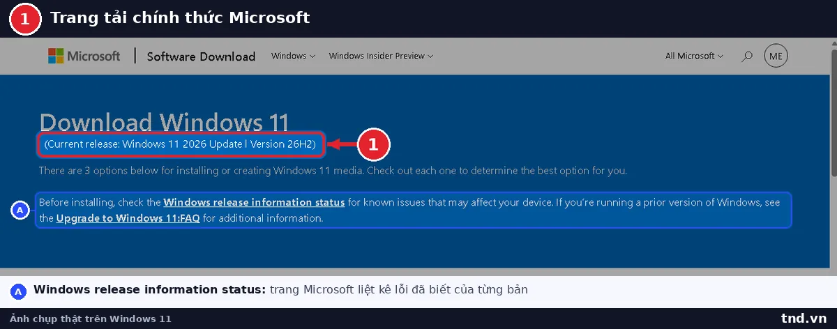 Trang Download Windows 11 của Microsoft ghi Current release Windows 11 2026 Update Version 26H2