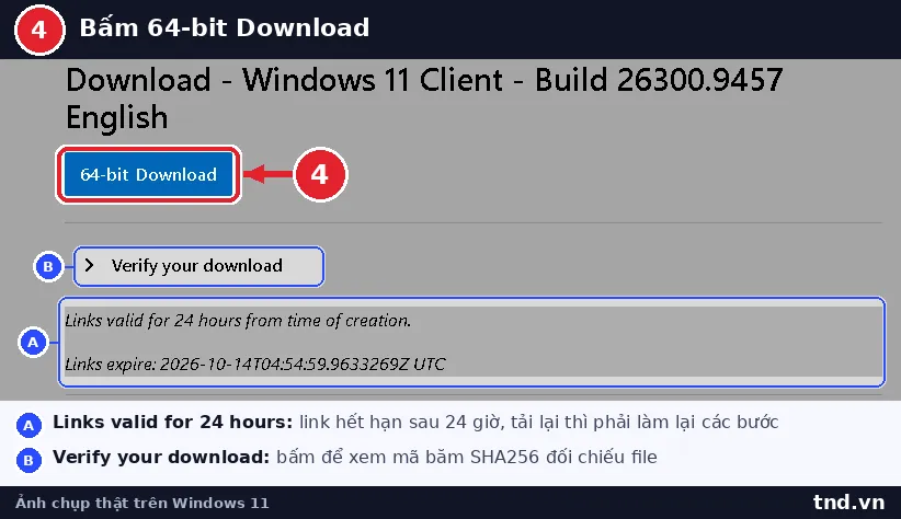 Nút 64-bit Download của bản dựng Windows 11 Client Build 26300.9457 kèm dòng link hết hạn sau 24 giờ