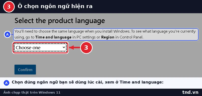Khối Select the product language với ô Choose one và nút Confirm