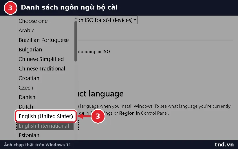 Danh sách ngôn ngữ bộ cài Windows 11 đang trỏ vào English United States
