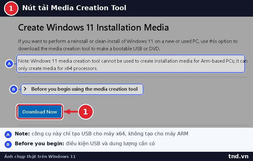 Nút Download Now ở mục Create Windows 11 Installation Media