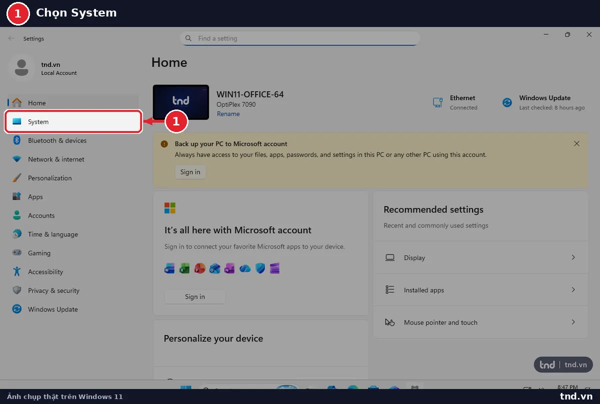 Chọn mục System trong Settings Windows 11