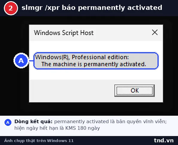 Kết quả lệnh slmgr /xpr trong Command Prompt