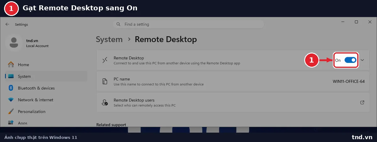 Công tắc Remote Desktop đang On trong Settings System Remote Desktop