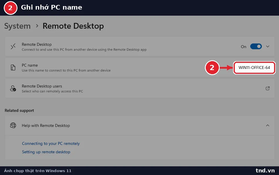 Dòng PC name trong trang Remote Desktop của Settings Windows 11