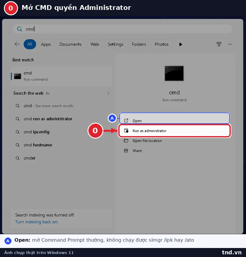 Kết quả tìm kiếm cmd trên Start với tùy chọn Run as administrator ở cột bên phải