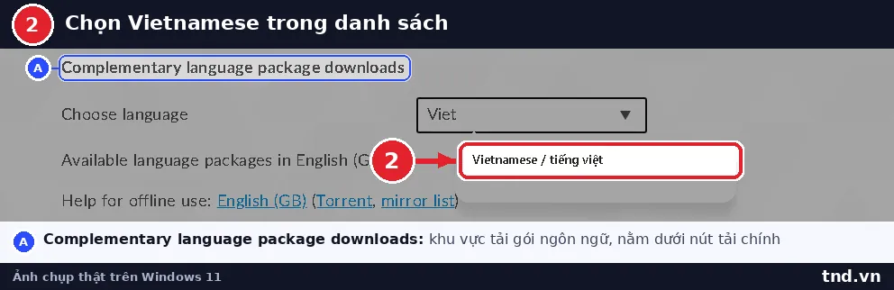 Ô Choose language của mục Complementary language package downloads đang lọc ra Vietnamese tiếng việt