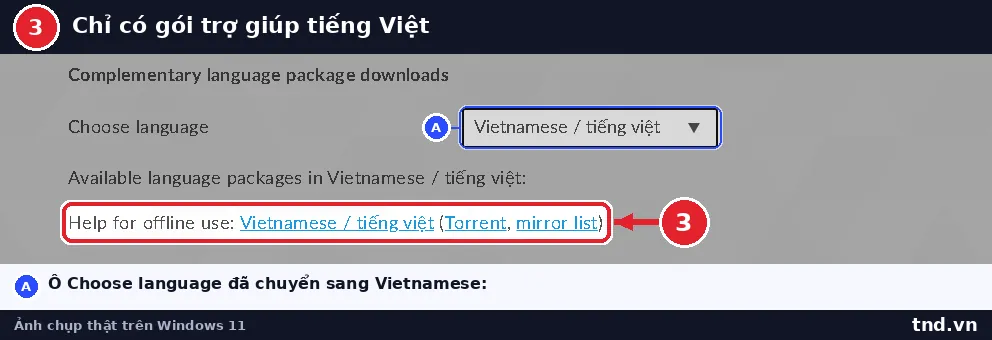 Trang liệt kê Available language packages in Vietnamese chỉ có dòng Help for offline use