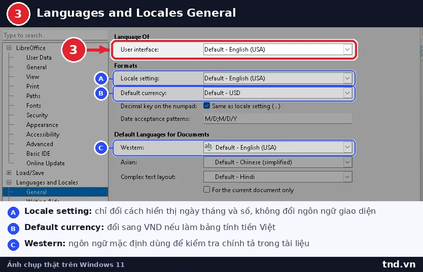 Trang Languages and Locales General trong Options với ô User interface và Locale setting