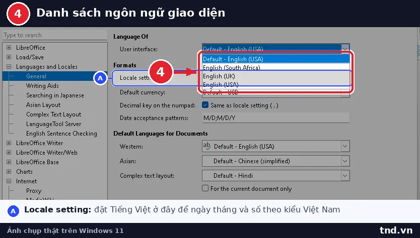 Danh sách User interface mở ra chỉ có các biến thể tiếng Anh