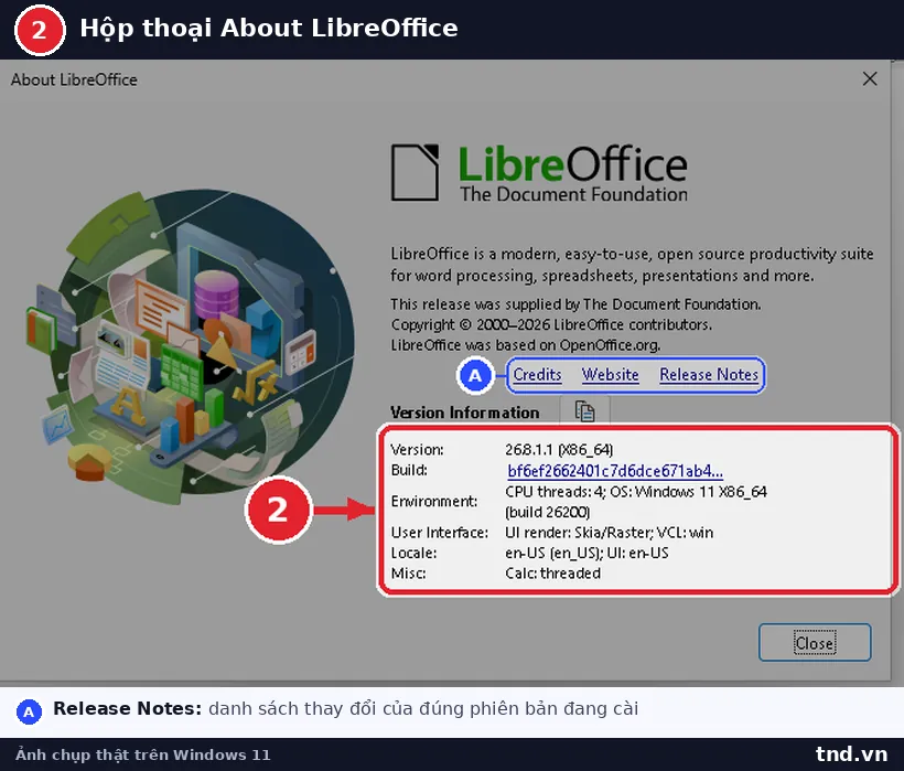 Hộp thoại About LibreOffice hiển thị phiên bản 26.8.1.1 và thông tin môi trường