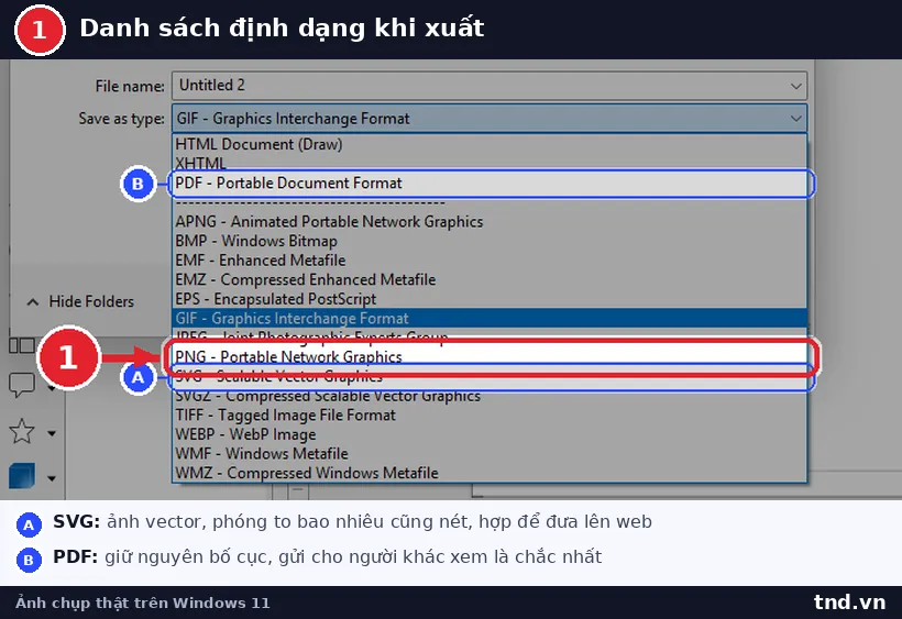 Danh sách Save as type của hộp thoại Export trong Draw với PNG, SVG, WEBP và PDF