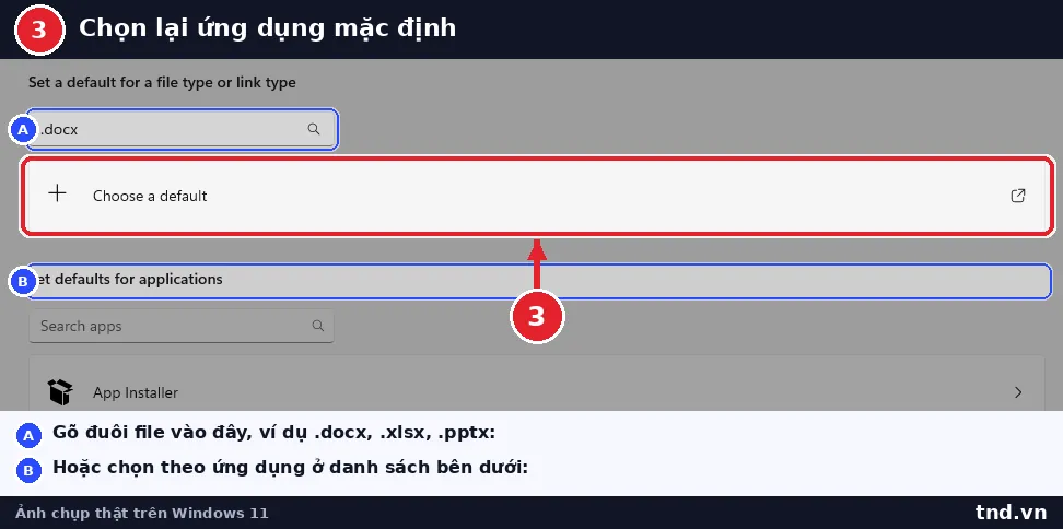 Trang Settings Apps Default apps đang tìm đuôi file .docx