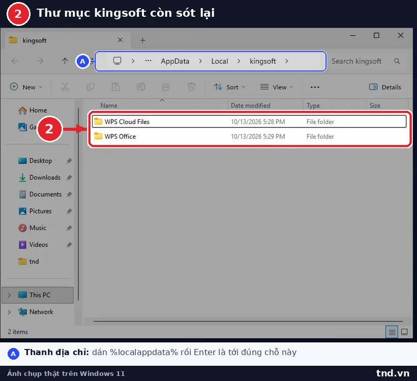File Explorer mở thư mục AppData Local kingsoft với hai thư mục WPS Cloud Files và WPS Office
