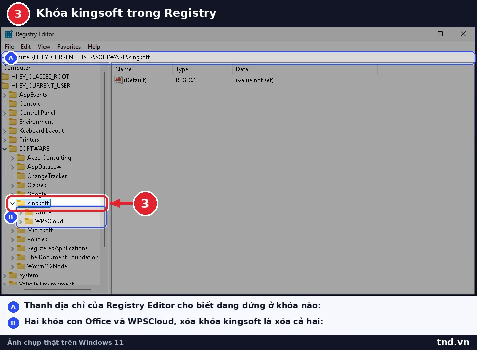 Registry Editor đang ở khóa HKEY_CURRENT_USER SOFTWARE kingsoft với hai khóa con Office và WPSCloud