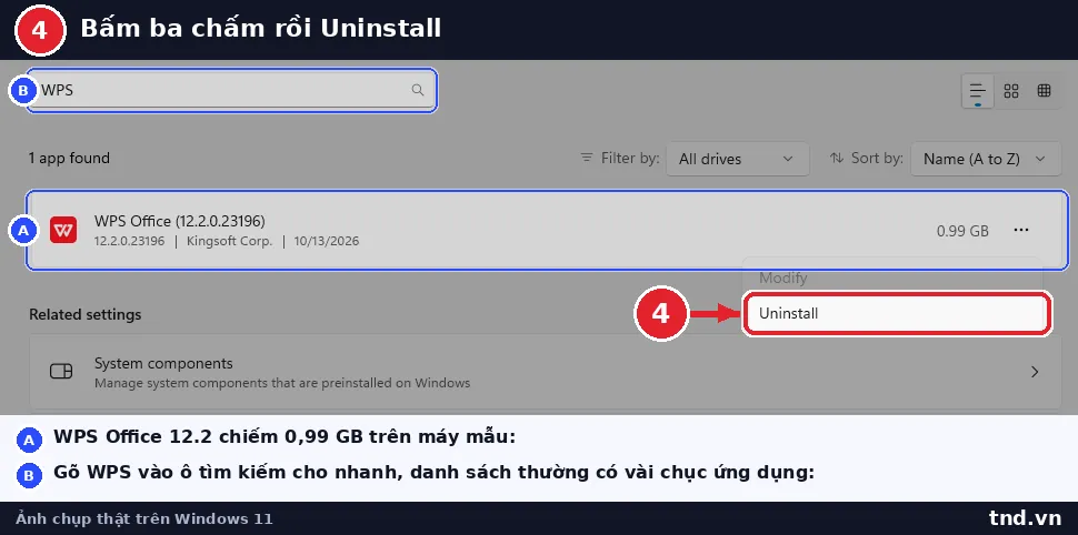 Trang Installed apps lọc theo từ khóa WPS, menu ba chấm đang mở với mục Uninstall