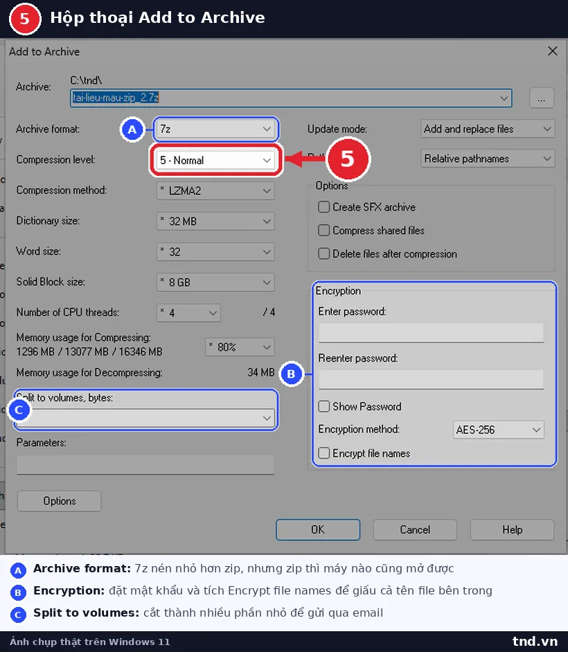 Hộp thoại Add to Archive của 7-Zip với Archive format, Compression level và nhóm Encryption