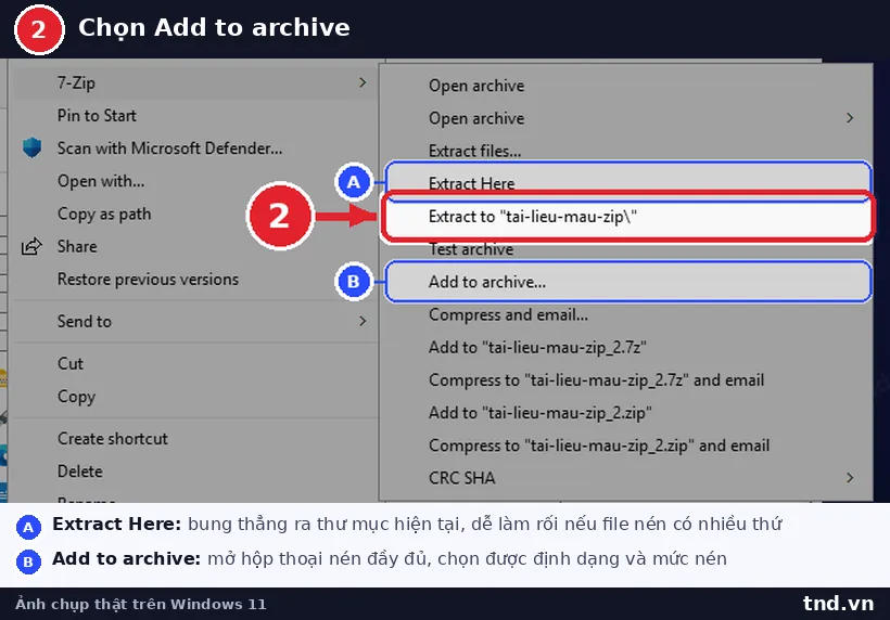 Menu con 7-Zip với mục Add to archive