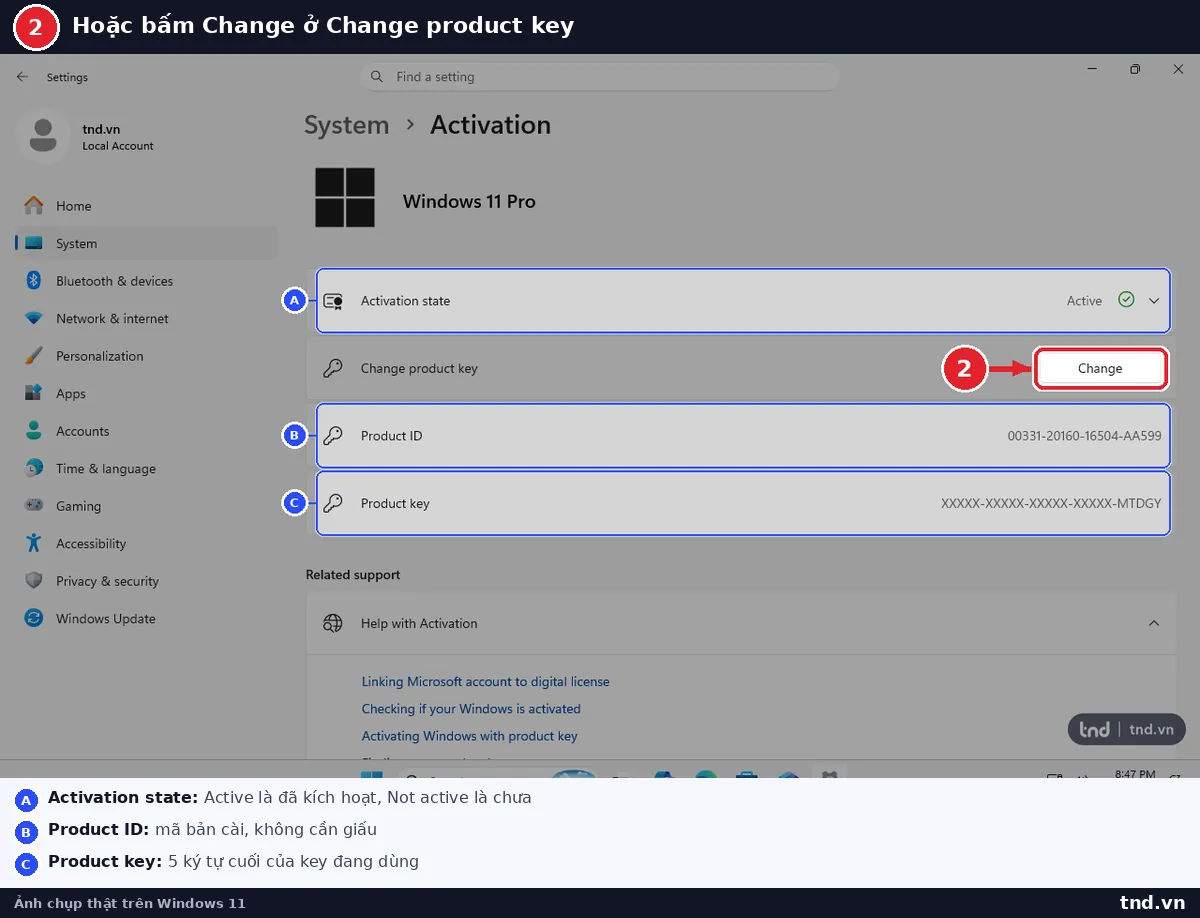 Nút Change tại Change product key trong Settings Windows 11
