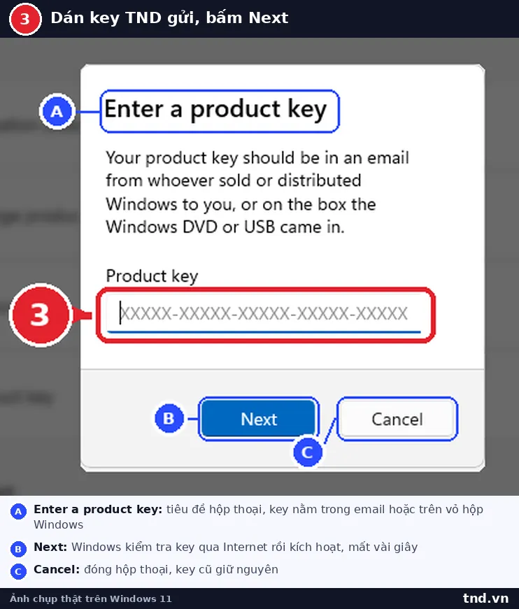 Hộp thoại Enter a product key của Windows 11