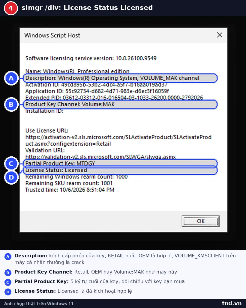 Kết quả lệnh slmgr /dlv hiện Product Key Channel và License Status