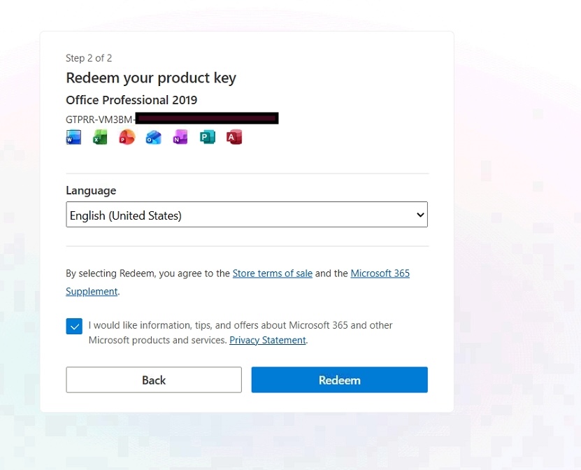 Redeem your product key Office Professional 2019