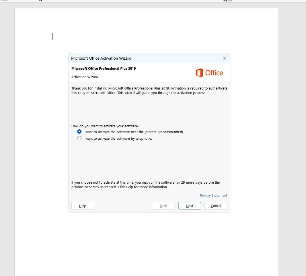 Microsoft Office Activation Wizard - kích hoạt qua Internet