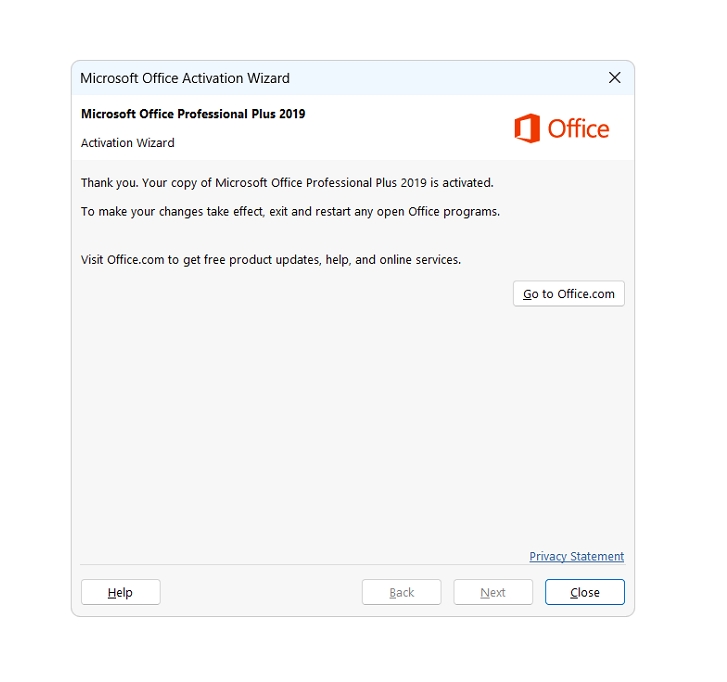 Office Professional Plus 2019 is activated