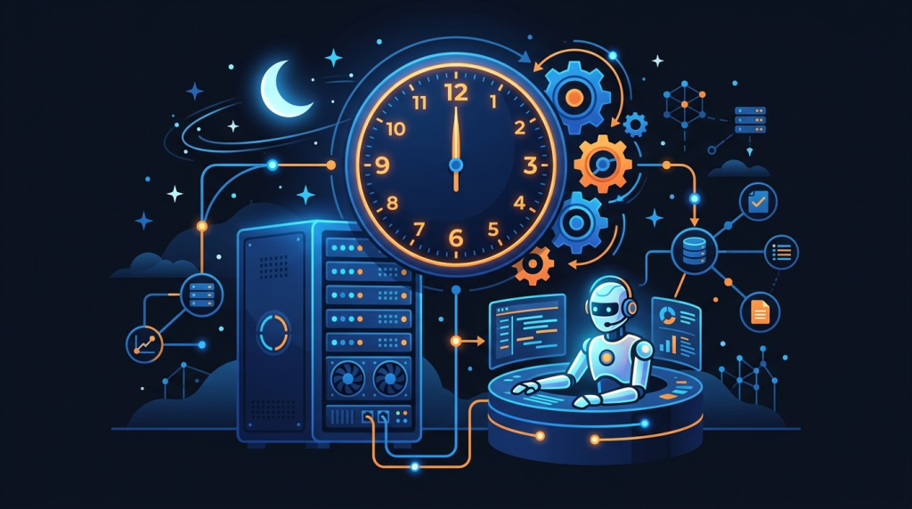 Minh hoạ Hermes Agent cron scheduled tasks chạy đêm trên VPS