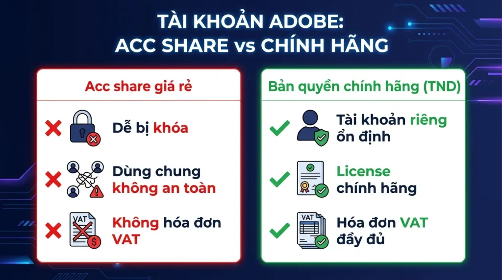 Mua Tài Khoản Adobe: Acc Share Giá Rẻ vs Bản Quyền Chính Hãng