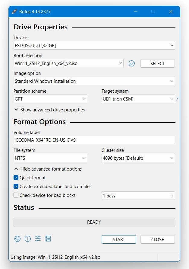 Giao diện chính Rufus 4.14 với ISO Windows 11 25H2, phân vùng GPT, Target system UEFI non CSM