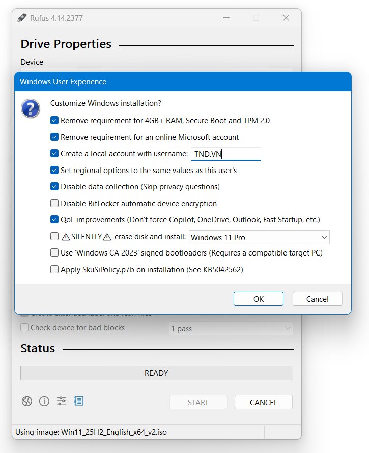 Hộp thoại Windows User Experience của Rufus 4.14 với các tùy chọn bypass TPM 2.0, Secure Boot, tài khoản Microsoft