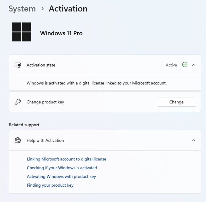 Trạng thái kích hoạt Windows 11 Pro: digital license đã liên kết tài khoản Microsoft