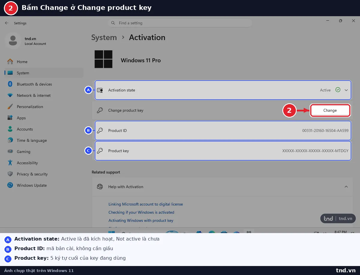 Nút Change tại Change product key trong Settings Windows 11